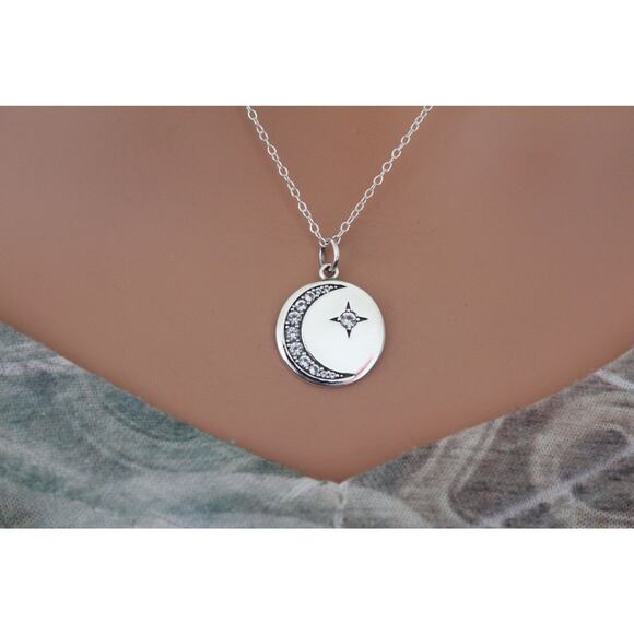 Jewelry - Sterling Silver Disk Charm with Nano Gem Star and Moon Necklace